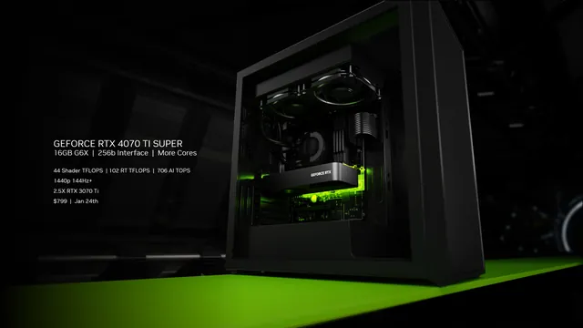 NVIDIA launch key art: a generic GeForce RTX card installed in a PC, captioned GeForce RTX 4070 Ti SUPER (no Founders Edition exists) GeForce RTX 4070 Ti SUPER