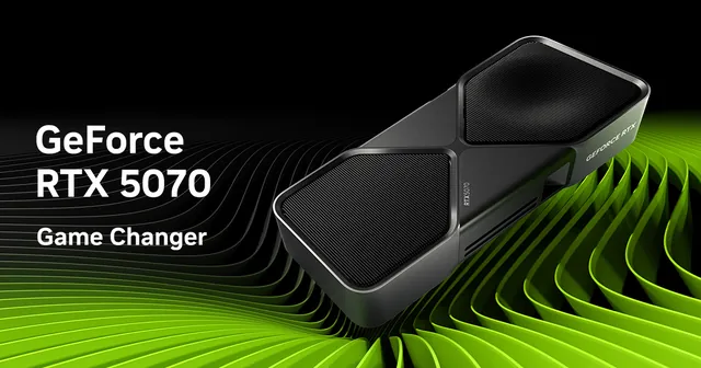 GeForce RTX 5070 Founders Edition card render (small 'GeForce RTX 5070' title text at left) GeForce RTX 5070