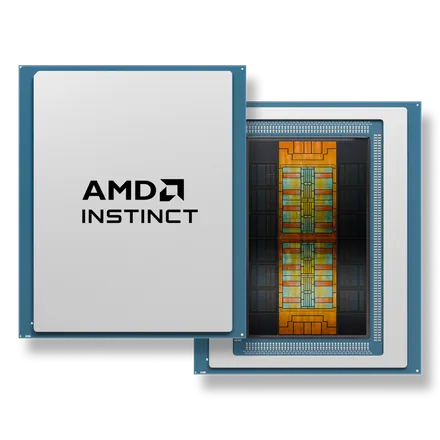 Instinct MI400-series (MI430X/MI440X/MI455X) GPU package: lidded plus half-lidded die view Instinct MI455X