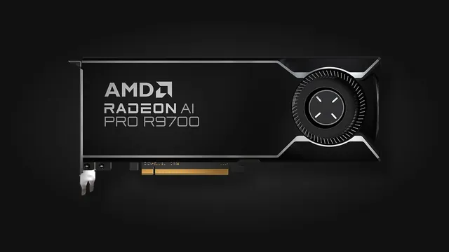 Radeon AI PRO R9700 blower-style workstation card render Radeon AI PRO R9700